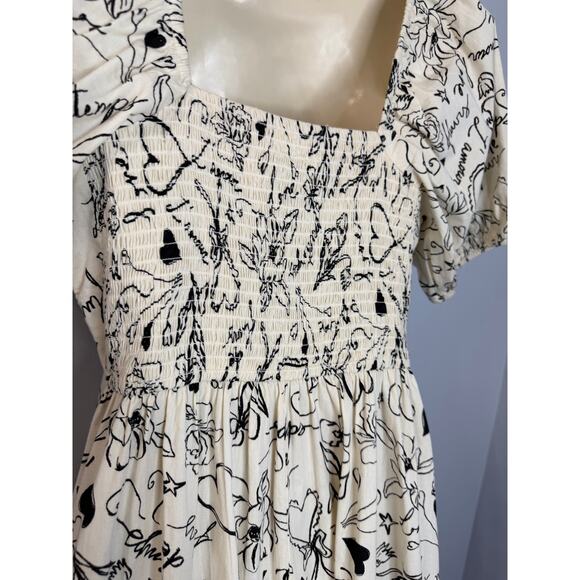 Japna Square Neck Puff Sleeve Midi Dress Black Cream Floral Women's M - Picture 9 of 15